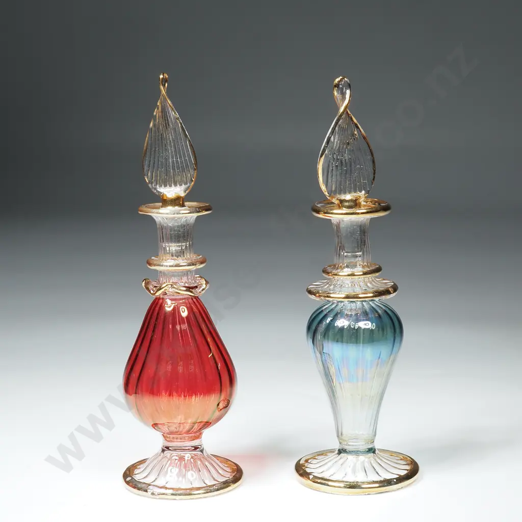 Two Boxed Egyptian Vintage Glass Perfume Bottles & Stopper w 14ct Gilding Image 1++
