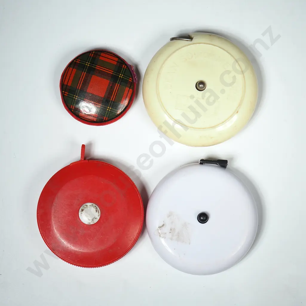 Three Plastic Retractable Tapes & a Mauchline Stuart Tartan Pin Cushion Image 1++