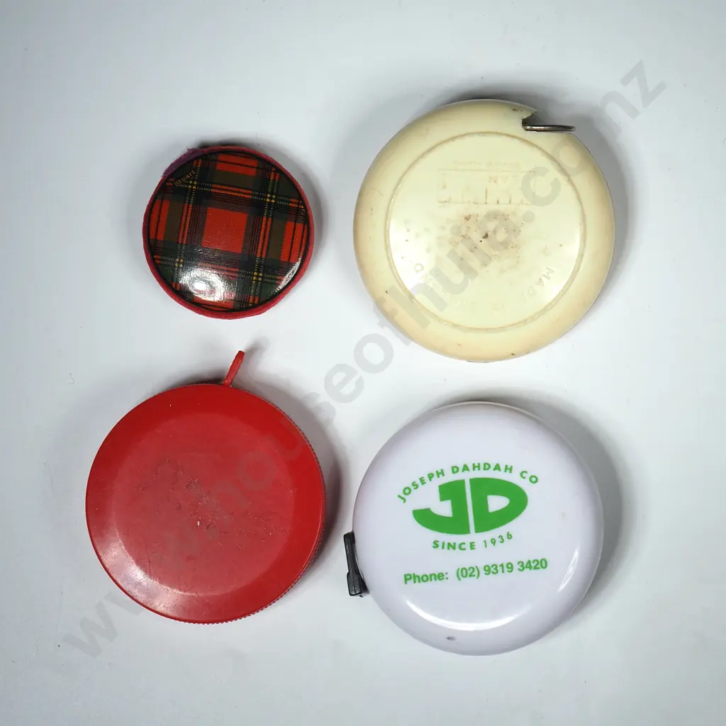 Three Plastic Retractable Tapes & a Mauchline Stuart Tartan Pin Cushion Image 1++