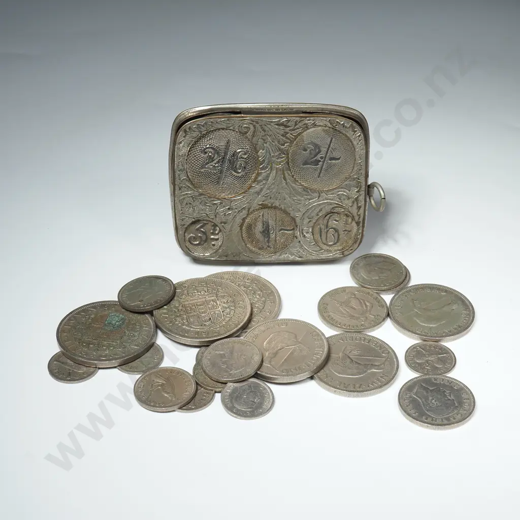 Antique Nickel Plated Coin Holder w sprung slots for 3d, 6d, 1Shilling, 2 Shillings, and 2 /6d. Image 1++