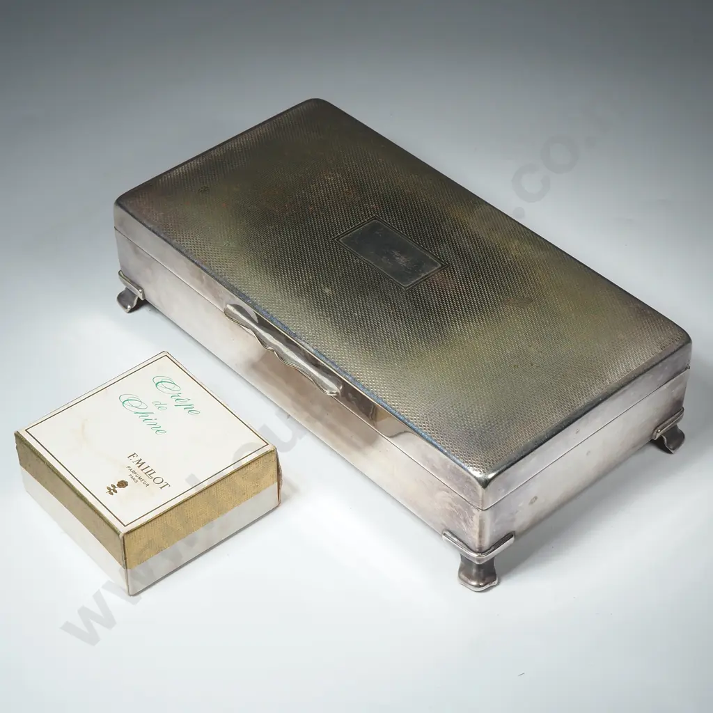 Silver Plate Jewellery Box on Four Legs & Fitted Interior &  a 'Crepe de Chine' Perfume Bottle w Contents in Box Image 1++