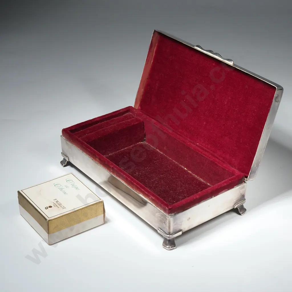 Silver Plate Jewellery Box on Four Legs & Fitted Interior &  a 'Crepe de Chine' Perfume Bottle w Contents in Box Image 1++