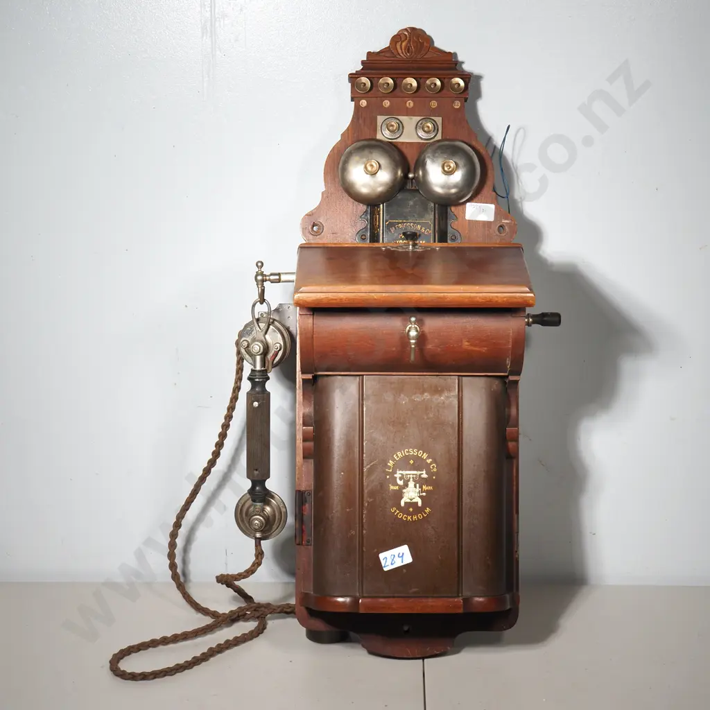 Ericsson  Wall Telephone with an Oak Case, w Two Bells & Having a Crank Mechanism Image 1++