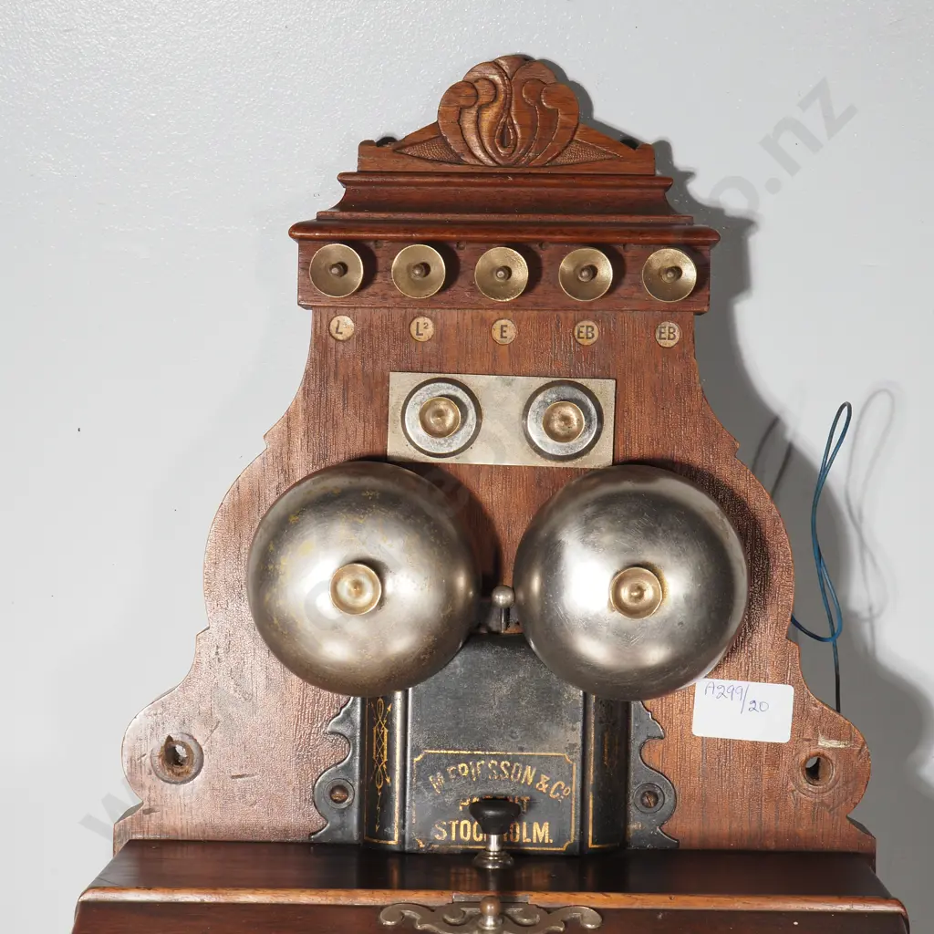 Ericsson  Wall Telephone with an Oak Case, w Two Bells & Having a Crank Mechanism Image 1++