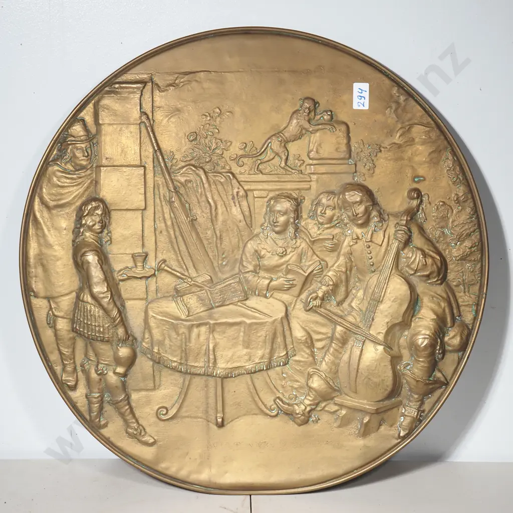 Large Circular Brass Plaque Depicting a Scene w Musicians Image 1++