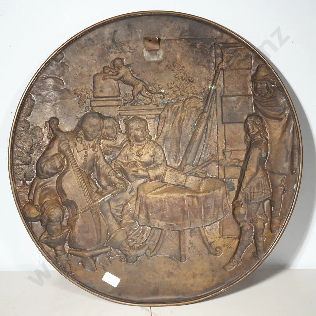 Large Circular Brass Plaque Depicting a Scene w Musicians Image 1++