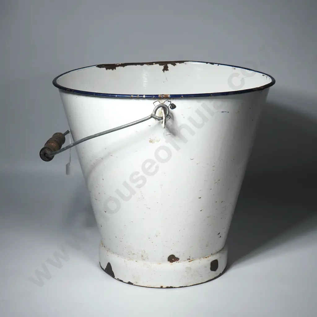 Vintage French Farmhouse White Enamel Bucket with Blue Rim & Wooden Handle Image 1++