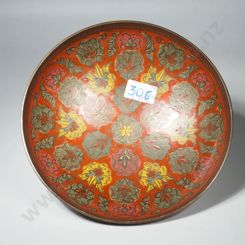 Vintage Enamel Indian Brass Bowl w Floral Decoration Image 1++