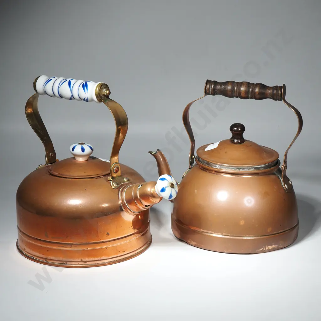 Two Copper Kettles - One w Blue & White China Handles & Knob Image 1++
