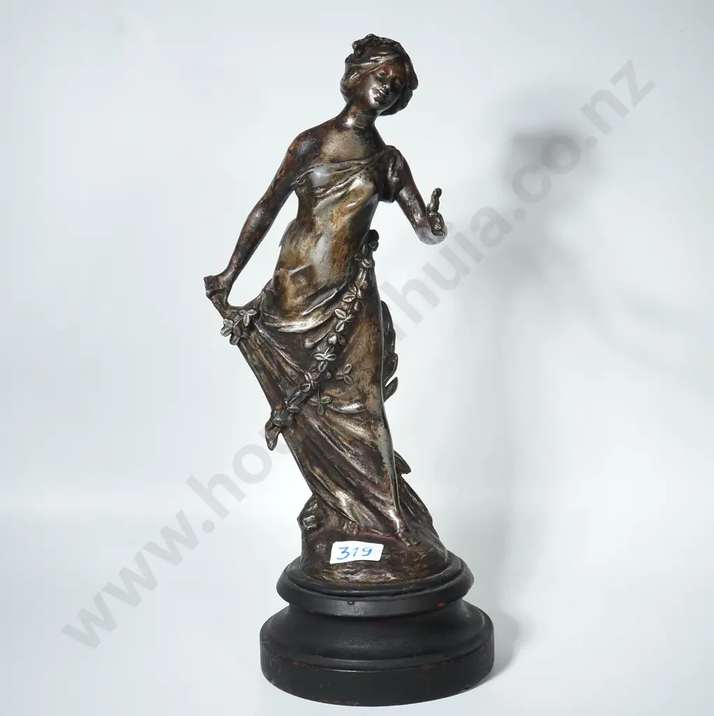 Antique Spelter Figure Titled ' Fleurs des Montagnes' By Emile Fuchs on Wooden Stand Image 1++