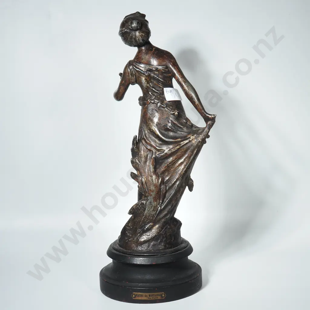 Antique Spelter Figure Titled ' Fleurs des Montagnes' By Emile Fuchs on Wooden Stand Image 1++