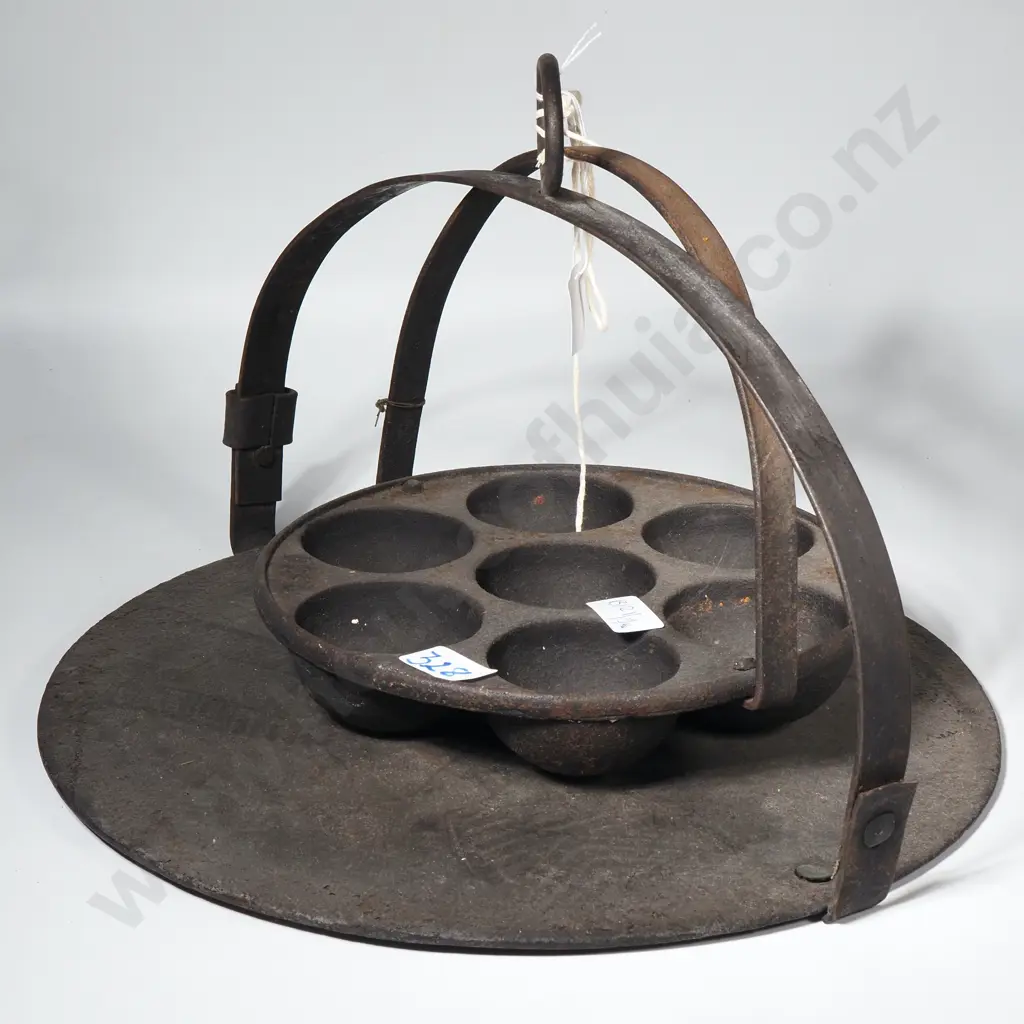 Vintage Cast Iron Aebleskiver Pan w Seven Well Design for Making Danish Pancakes  & a Cast Iron Griddle Image 1++