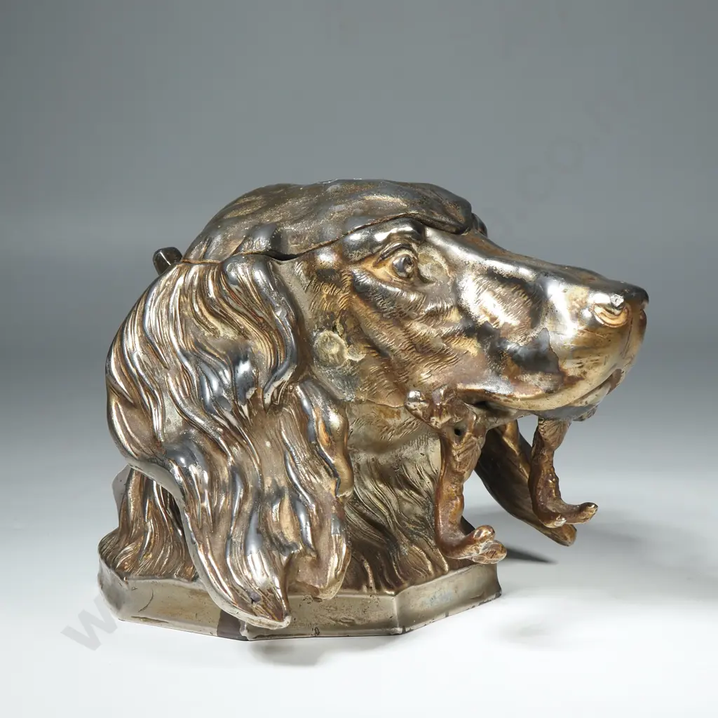 Late Victorian Metal Ink Well in the form of a Dog with a Bow Image 1++