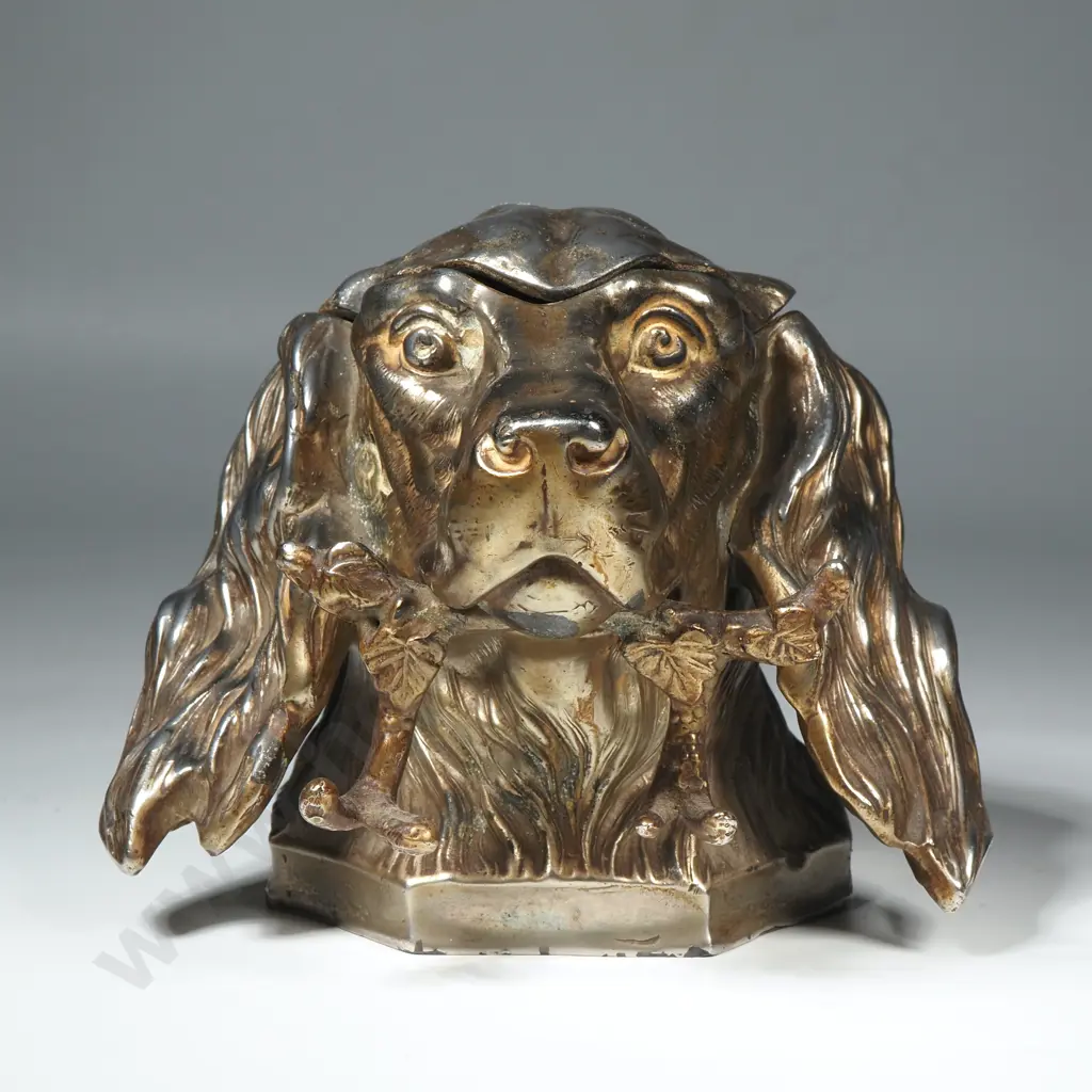 Late Victorian Metal Ink Well in the form of a Dog with a Bow Image 1++