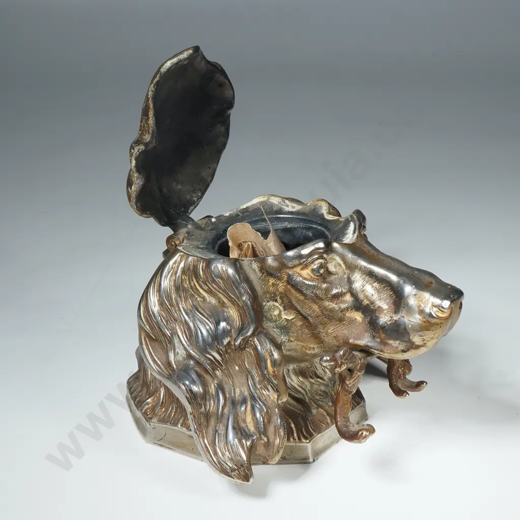 Late Victorian Metal Ink Well in the form of a Dog with a Bow Image 1++