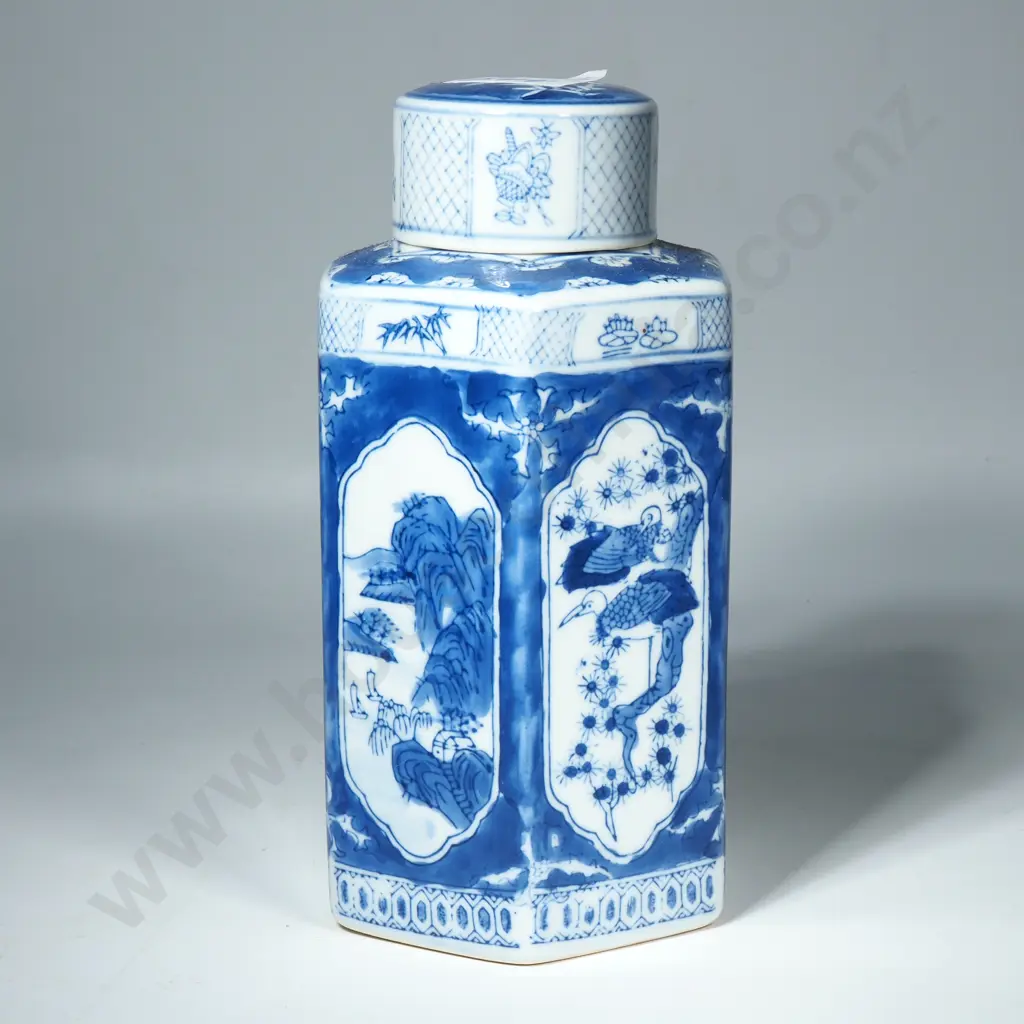 Five-Sided Blue & White Patterned Jar w Lid Image 1++