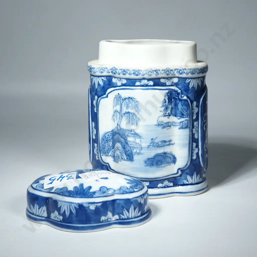 Hexagon-Shaped Blue & White Patterned Jar w Lid Image 1++