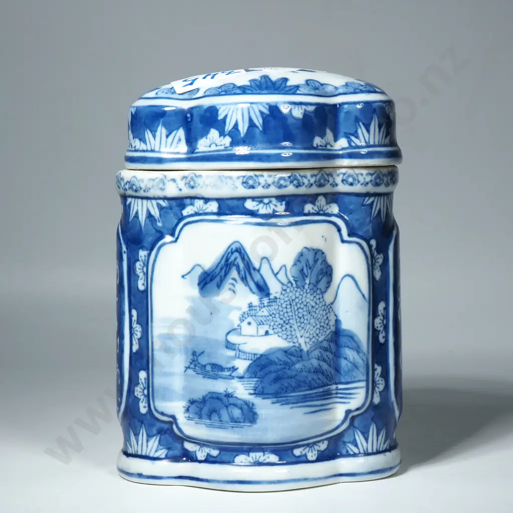 Hexagon-Shaped Blue & White Patterned Jar w Lid Image 1++