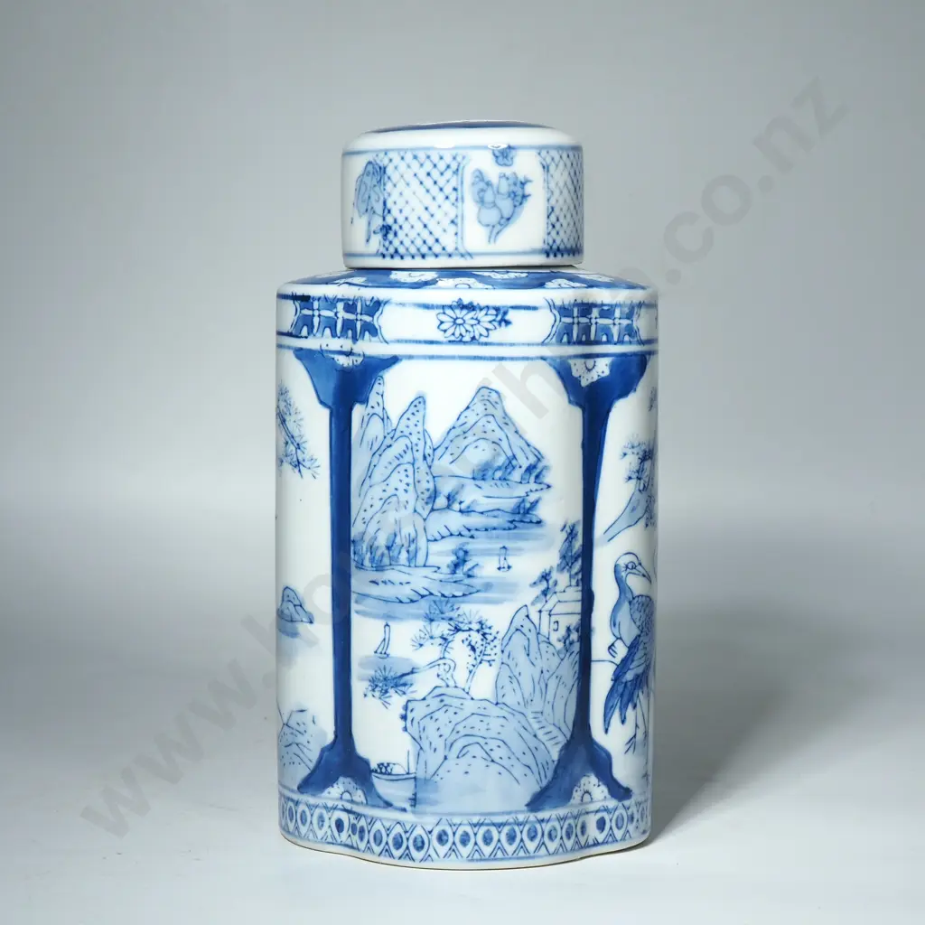 Beautiful Blue & White Jar w Lid - Heron Birds & Landscape Scenes Image 1++