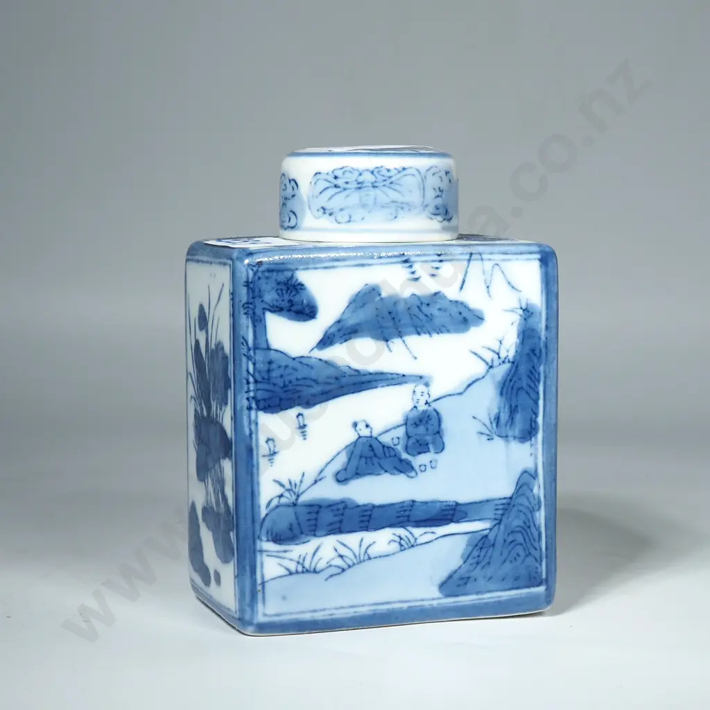 Stunning Blue & White Patterned Rectangle-Shaped Jar w Lid Image 1++