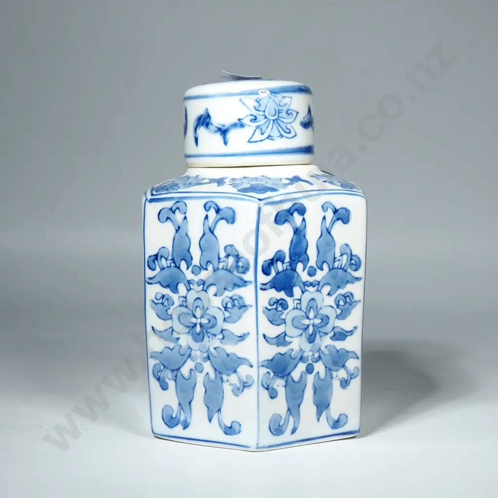 Hexagon-Shaped Blue & White Patterned Jar w Lid Image 1++