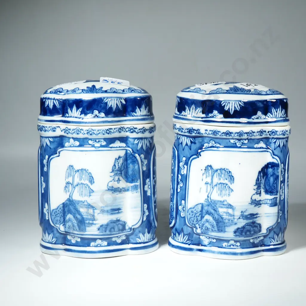 Two Large Blue & White Patterned Jars w Lids Image 1++
