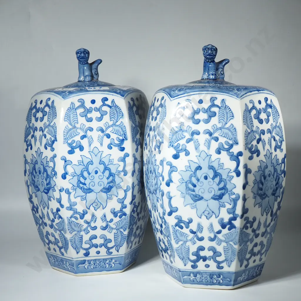 Two Large Blue & White Ginger Jars w Lids & Chinese Lion Tops Image 1++