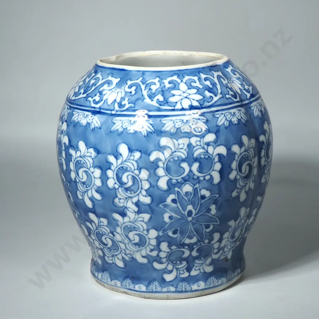 Blue & White Patterned Jar in Interesting Shape Image 1++