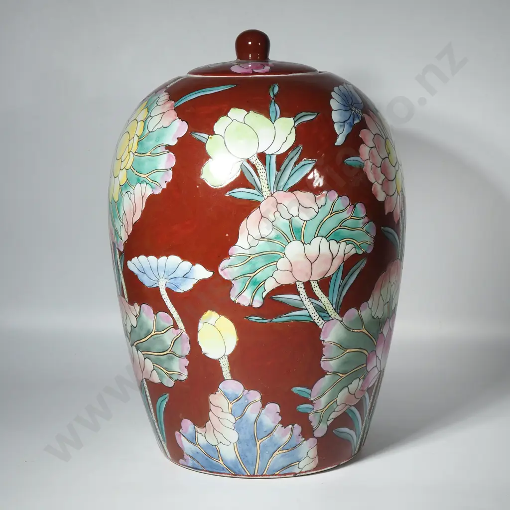 Large Vase w Lid - Flower Pattern on Red Background Image 1++