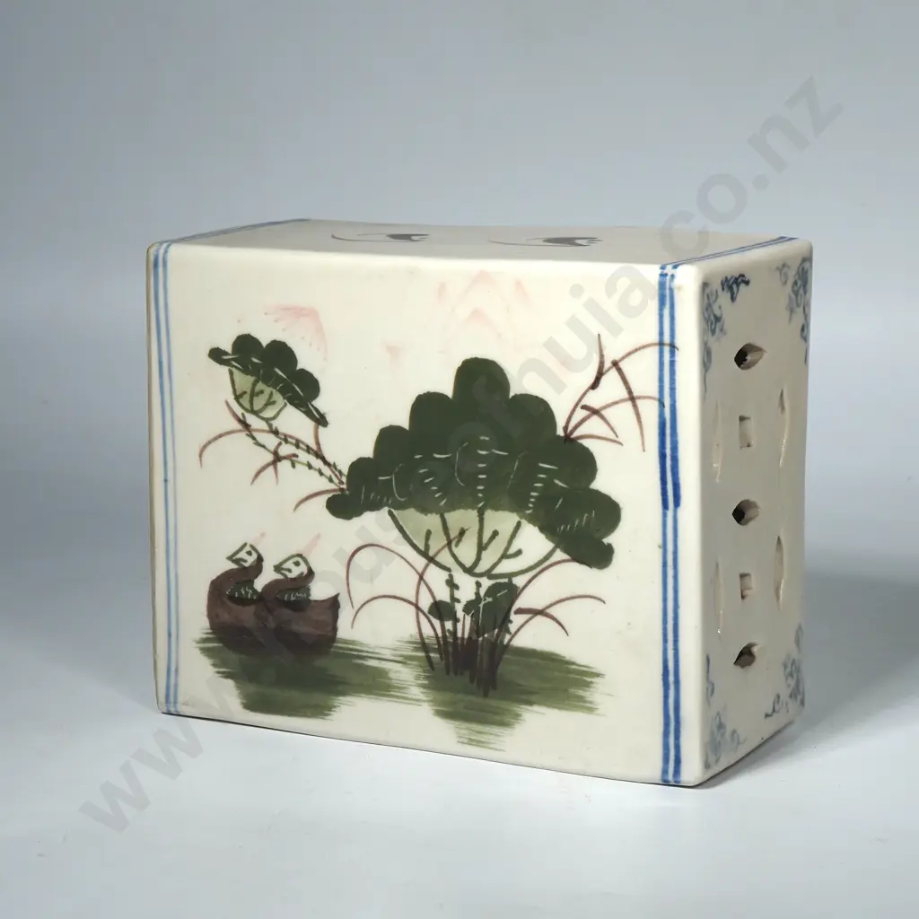 Vintage Chinese Handpainted Pottery Pillow/ Headrest Decorated w Birds & Flowers Image 1++