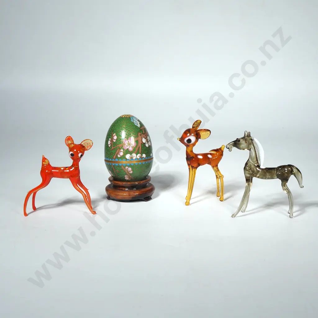 Vintage Murano Style Hand Blown Glass Deer & Horse  Figures & a Small Cloisonne Container in the Form of an Egg Image 1++