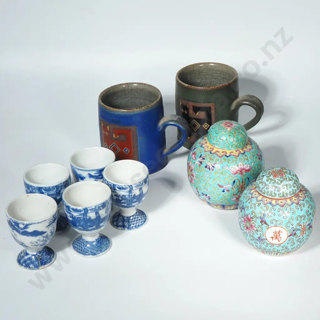 Pair of Turquoise Ground Ginger Jars, Two Studio Pottery Mugs w Geometric Designs & Five Blue & White Egg Cups Image 1++