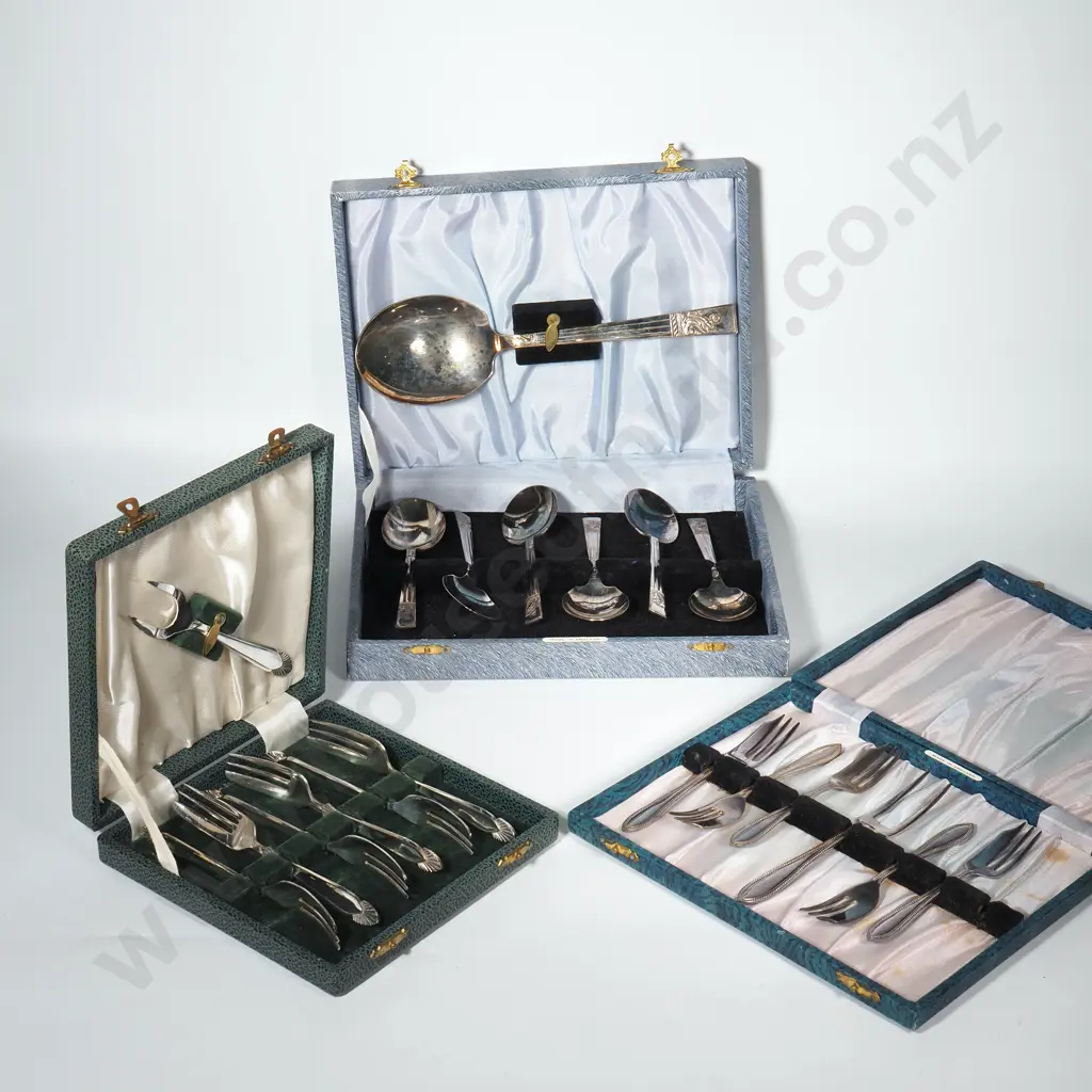 Three Box Sets of Silver Plated Cutlery including Cake Forks x 2 & a Dessert Spoon Set Image 1++