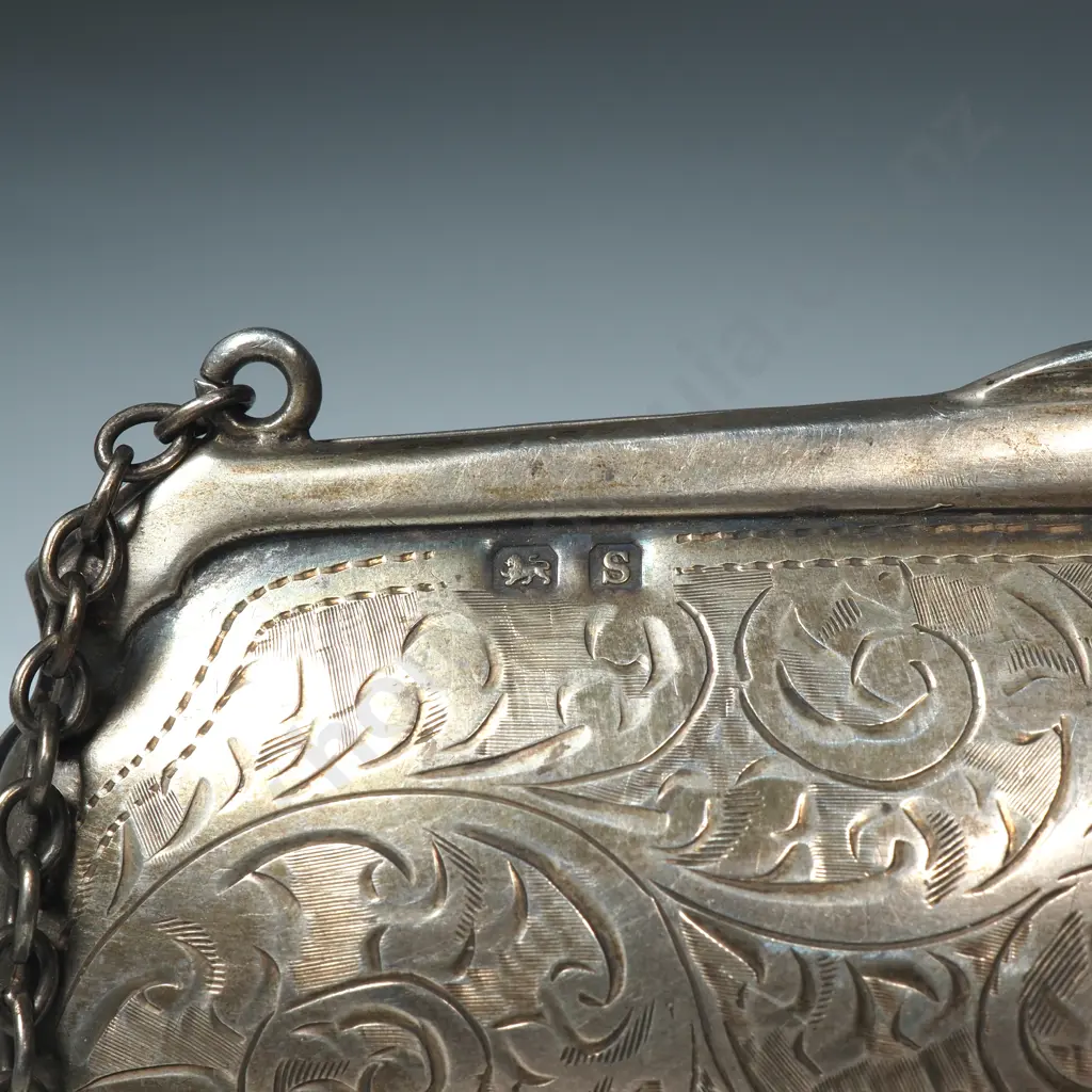 Antique Sterling Silver Engraved Ladies Purse w Leather Interior Image 1++