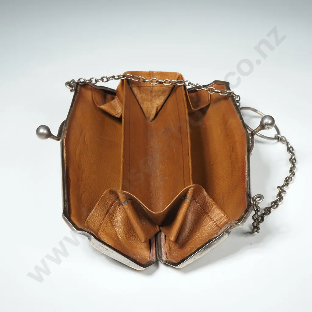 Antique Sterling Silver Engraved Ladies Purse w Leather Interior Image 1++