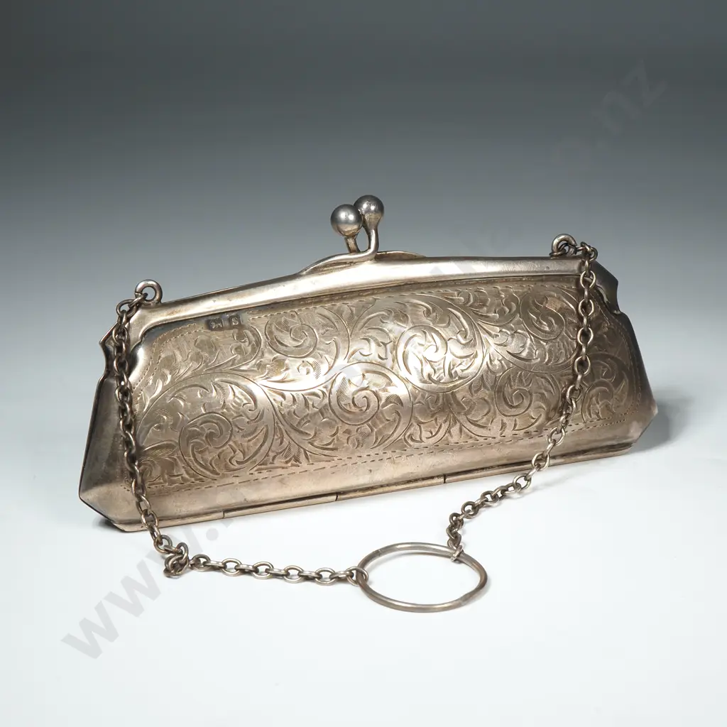 Antique Sterling Silver Engraved Ladies Purse w Leather Interior Image 1++