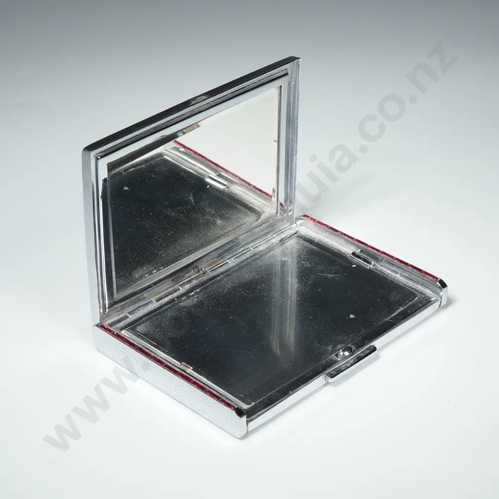 Art Deco Chrome Powder Compact set w Red & White Stones Image 1++