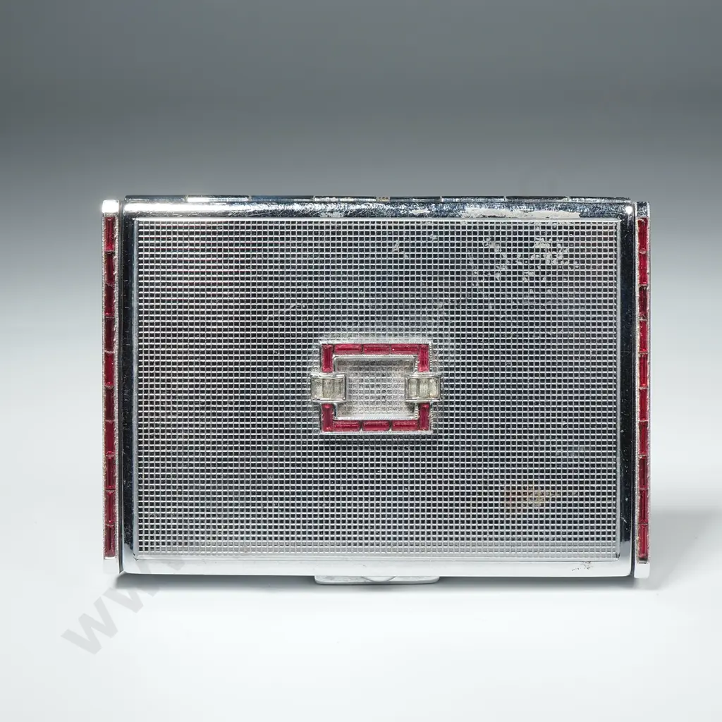Art Deco Chrome Powder Compact set w Red & White Stones Image 1++