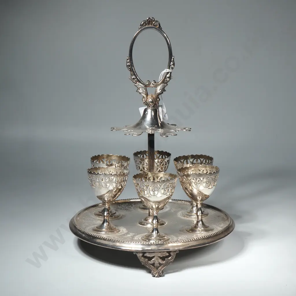 Ornate Silver Plated Egg Holder on Legs w Handle - Set of Six - 270mm Image 1++