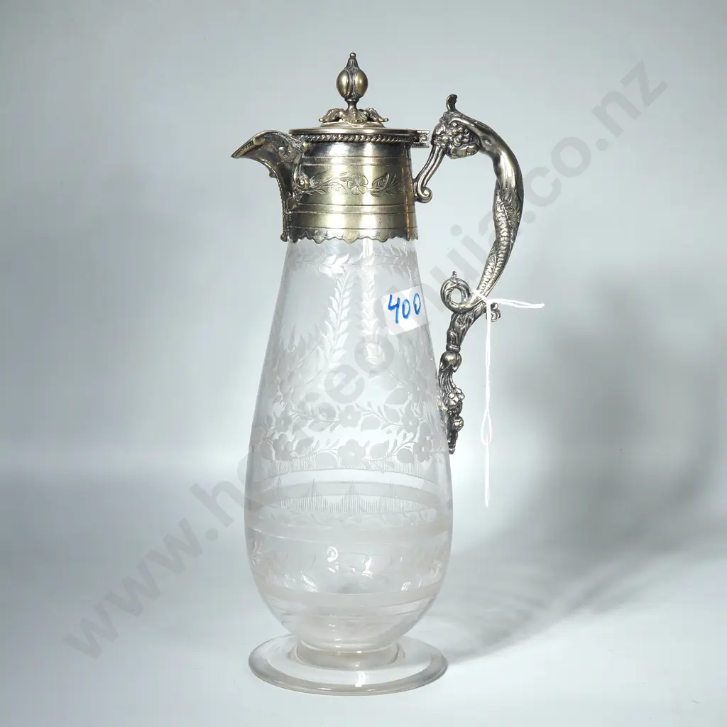 Antique Claret Jug w Silver Plate Top & Etched Glass Body & Figural Hand Image 1++