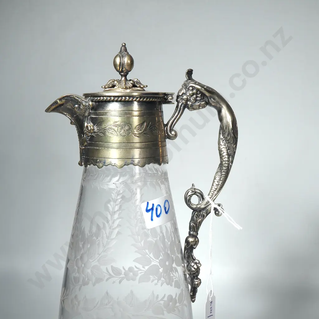 Antique Claret Jug w Silver Plate Top & Etched Glass Body & Figural Hand Image 1++