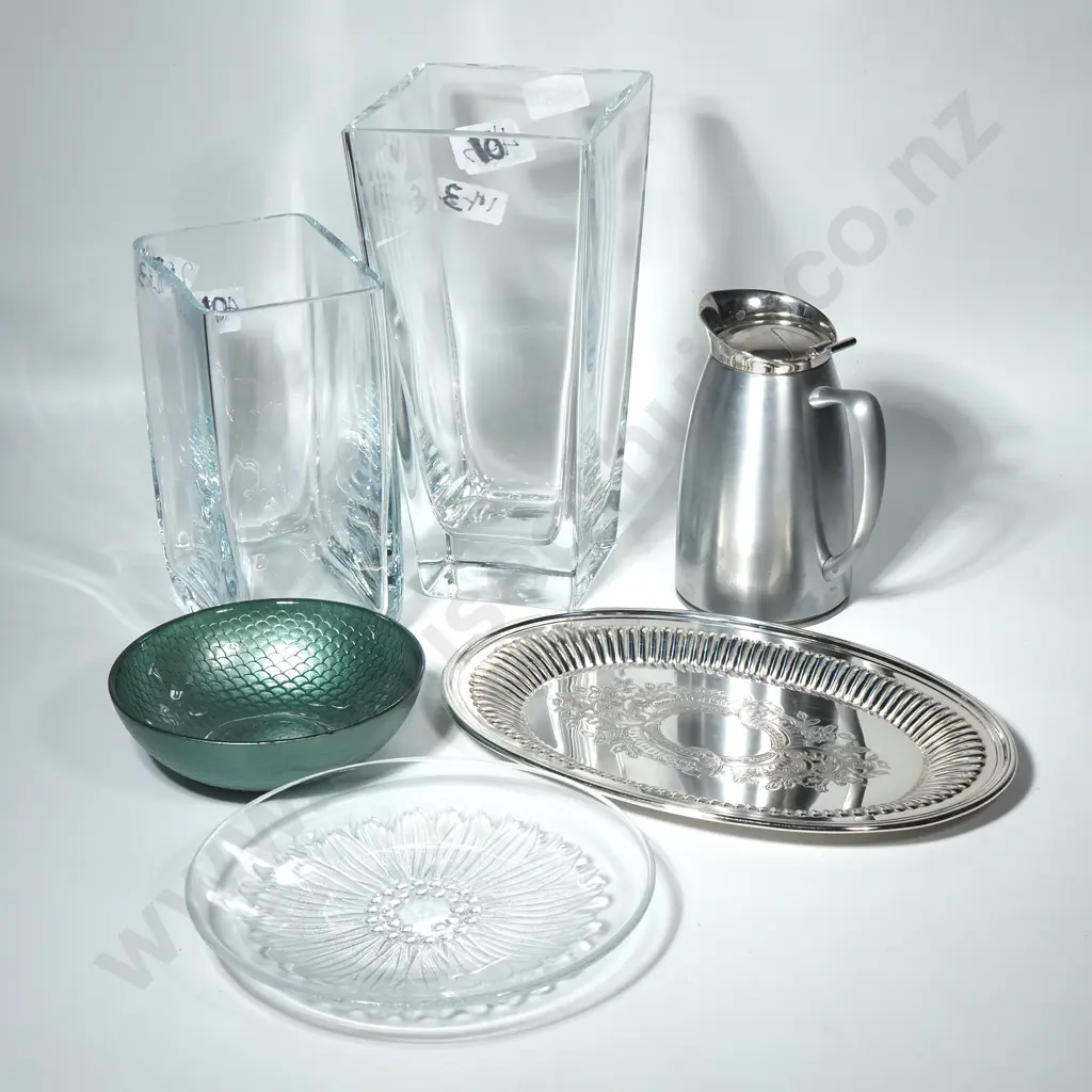 Two Square Form Glass Vases, SP Tray, Fish Scale Bowl, Daisy Plate, Insulated stainless Jug Image 1++