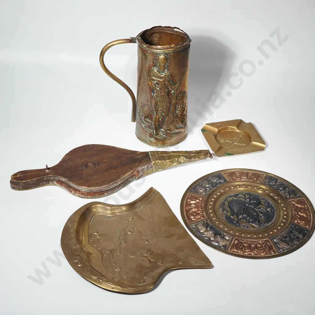 Brass Bellows, Art Nouveau Crumb Tray, Brass Ashtray & Brass Jug Minus Lid & a Vintage Brass Indian Tanjore  Tray Image 1++