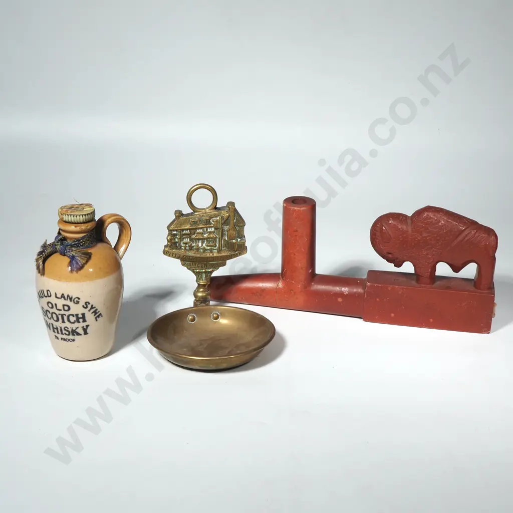 Native American Buffalo Pipe, Ceramic Miniature Stoneware Bottle of "For Auld Lang Syne" Scotch Whisky Image 1++