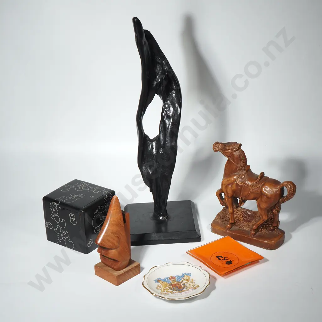 Wooden Black Box Decorated w Stylised Silver Motifs, Resin Horse Figure, Two Small Dishes & a Wood Spectacle Holder Image 1++