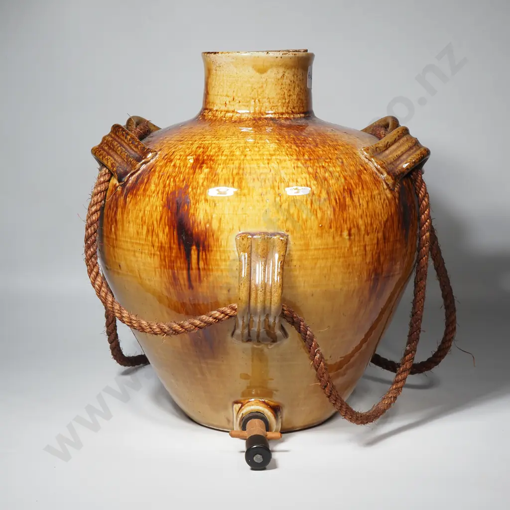 Japanese Style Highly Glazed Wine Cask Applied Handles & Threaded Rope Image 1++