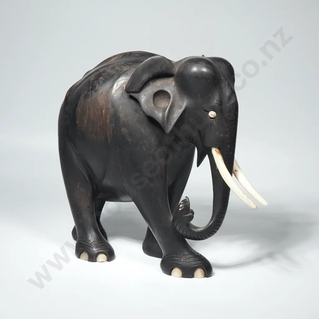 Large Ebony Elephant w Ivory Tusks Image 1++