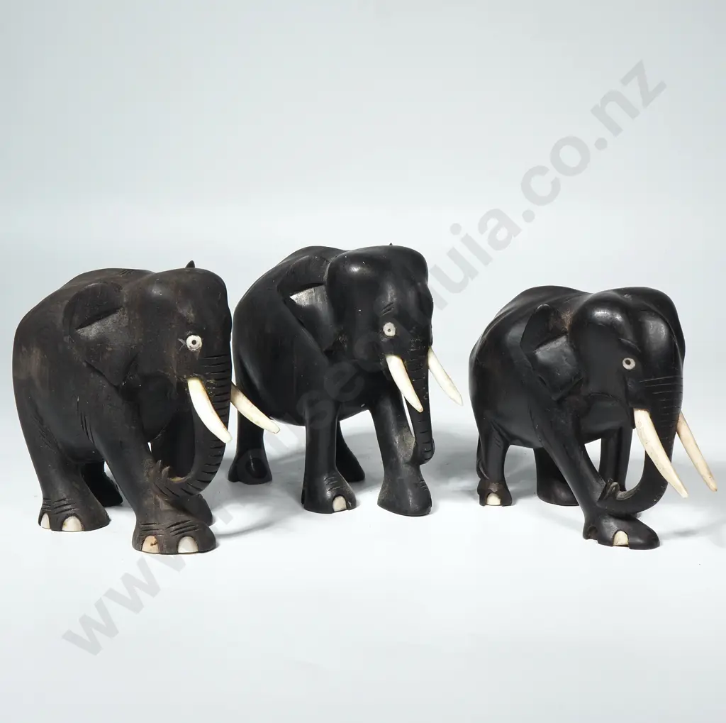 Three Ebony Elephants w Ivory Tusks Image 1++