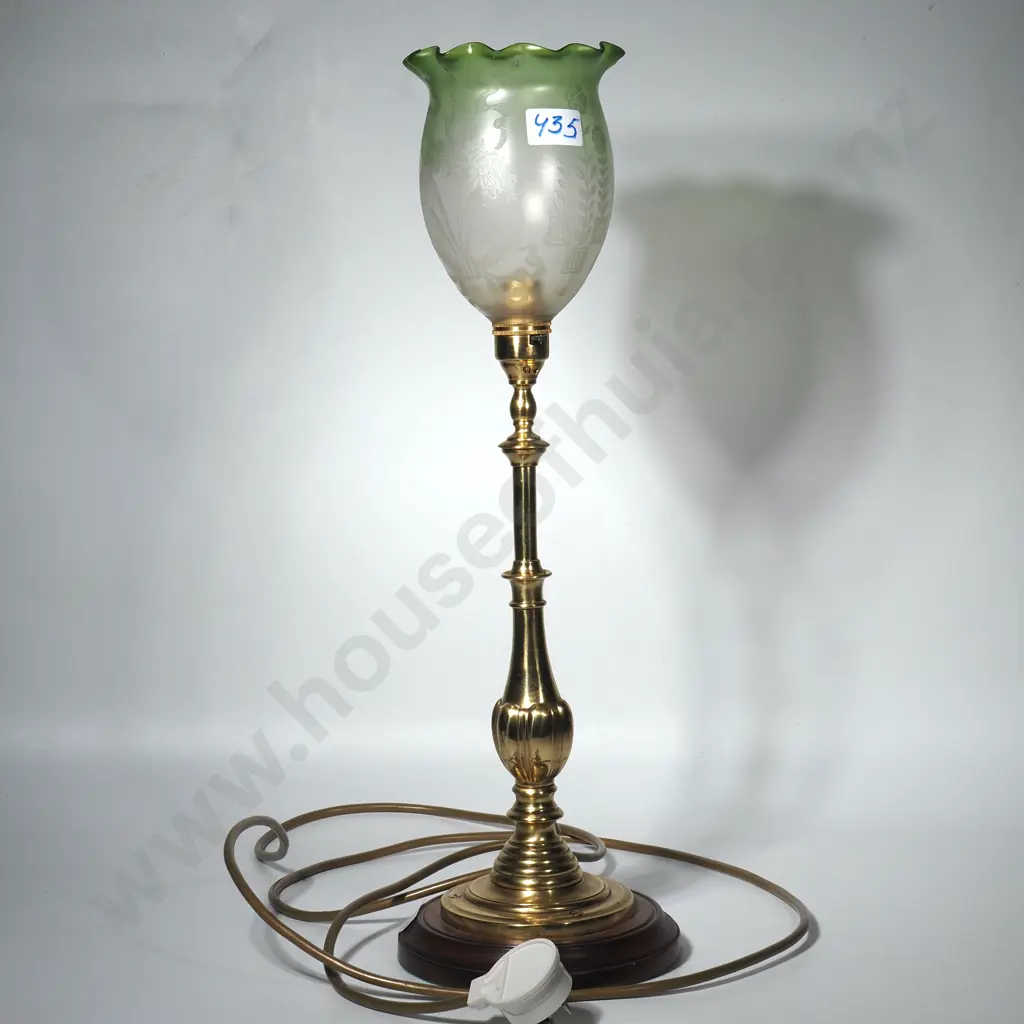 Vintage Style Brass Table Lamp w Edwardian Green Glass Shade Image 1++