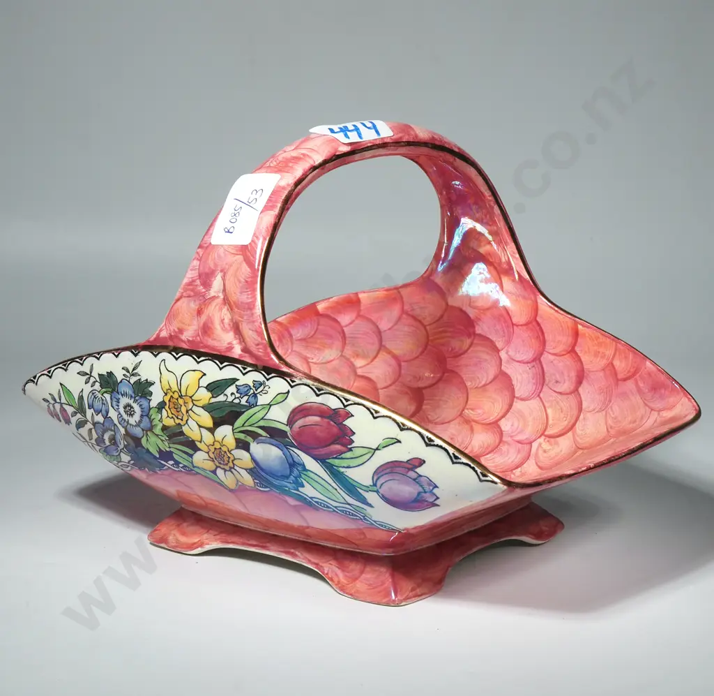 Large Pink Lustre Thumbprint Basket Decorated w Spring Flowers Image 1++
